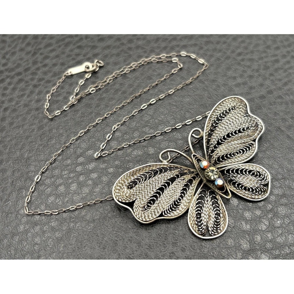 Sterling Silver Filigree Butterfly Pendant Necklace Aurora Borealis Rhinestones